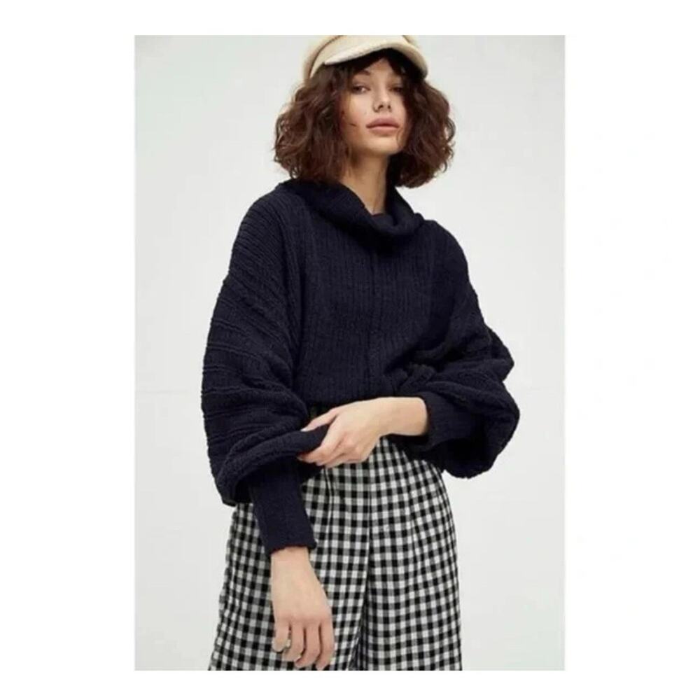 Women Free People Be Yours Black Cowl Neck Pullover Sweater Slouchy Boxy Cozy S